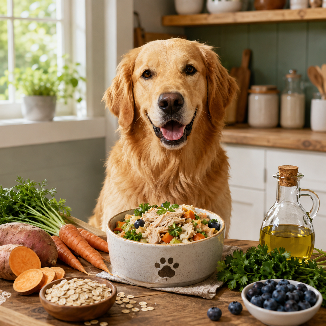 Pet saudável com tigela de comida natural